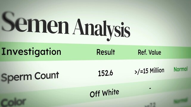 Semen analysis report showing sperm count and color with reference values for fertility investigation results in medical diagnostics concept background