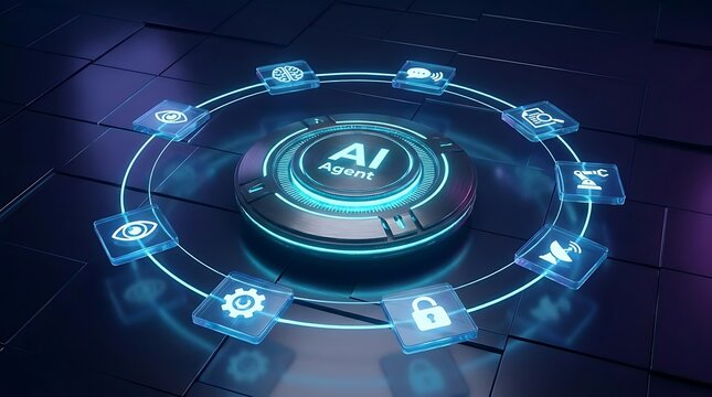 AI agent technology interface with glowing digital icons