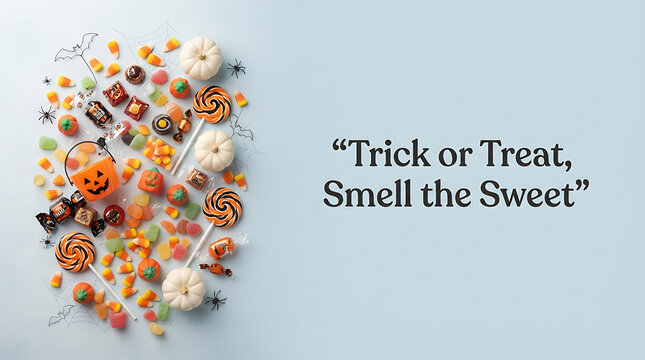 Colorful candy pieces with text saying trick or treat smell the scent