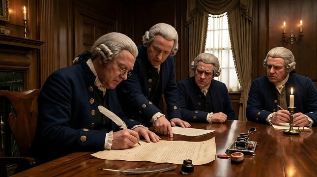Men in historical attire writing on parchment