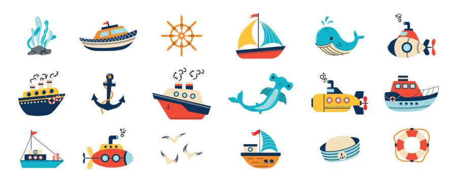 Colorful nautical icon collection featuring boats, ships, sailboat, submarines, whale, hammerhead shark, anchor, ship wheel, lifebuoy, seagulls, sailor hat, and sea plants on white background