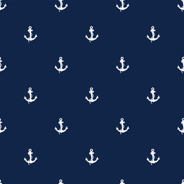 White anchor seamless pattern on a dark navy blue background with a clean minimalist nautical design