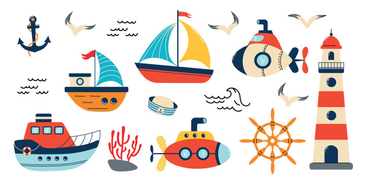 Colorful nautical marine icon set featuring lighthouse, sailboats, submarines, boat, anchor, ship wheel, seagulls, waves, coral, and sailor hat isolated on white background