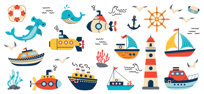 Colorful nautical marine collection featuring lighthouse, sailboats, ships, submarines, whale, hammerhead shark, anchor, ship wheel, lifebuoy, seagulls, waves, coral, and ocean elements