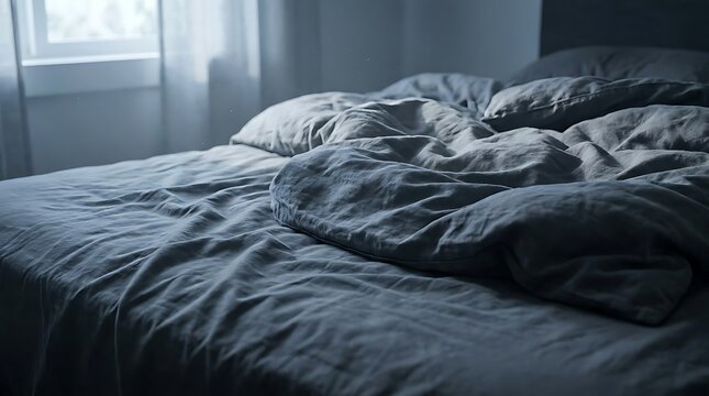 Messy bed with dark gray bedding