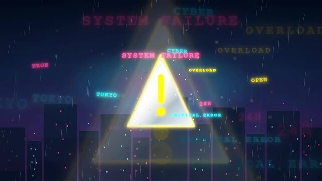 Digital system failure animation with warning sign and glitching text on dark blue background