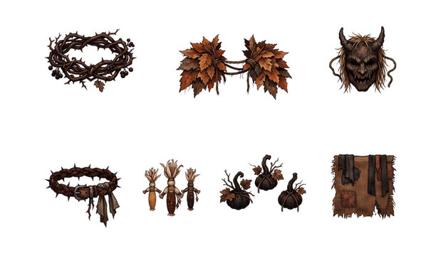 Forest monster costume accessories featuring thorny crowns, autumn leaf collars, horned mask, belts and rustic fabric vector design