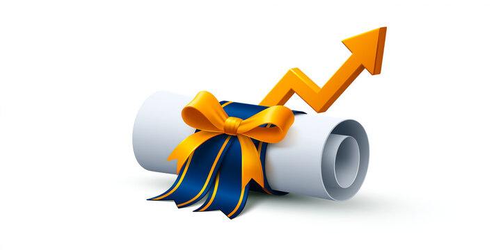 Certificate scroll tied with a navy and gold ribbon beside a rising orange growth arrow, symbolizing bonds and steady fixed-income investment growth with a deeply evocative atmosphere.