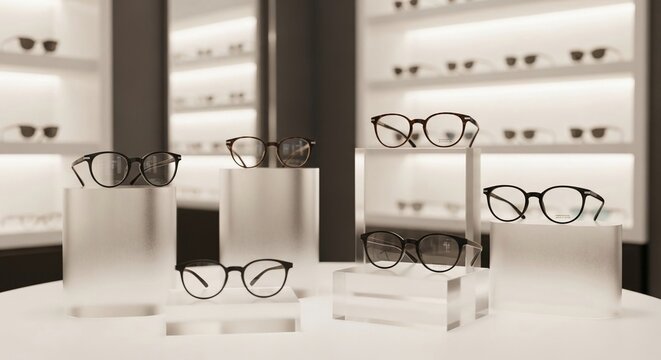 Elegant collection of fashionable eyeglasses displayed in a luxurious optical boutique showcasing modern design and premium style