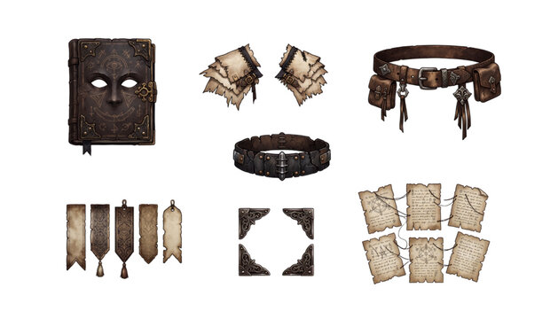 Fantasy wizard costume accessories featuring leather spellbook, utility belts, fur cuffs and antique parchment vector design