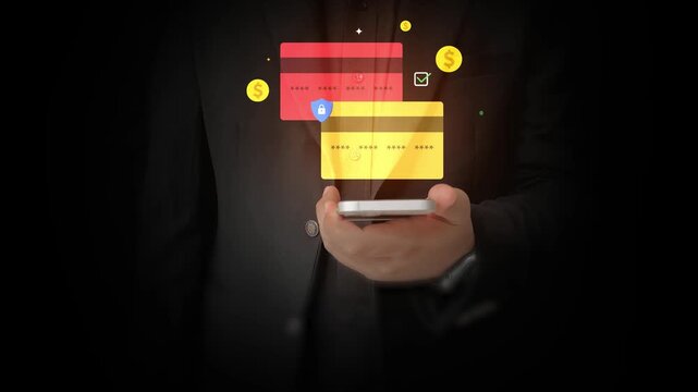 Businessman holding smartphone with virtual credit cards and financial shapes for secure online shopping transactions concept, 4k animation, smartphone close up