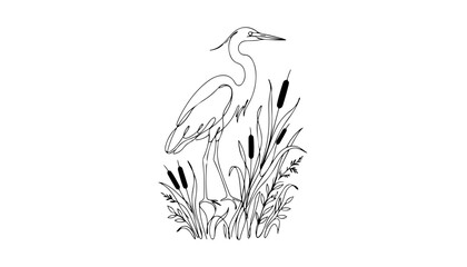 Fototapeta premium Abstract continuous line art heron in reeds vector illustration minimalist wetland nature icon