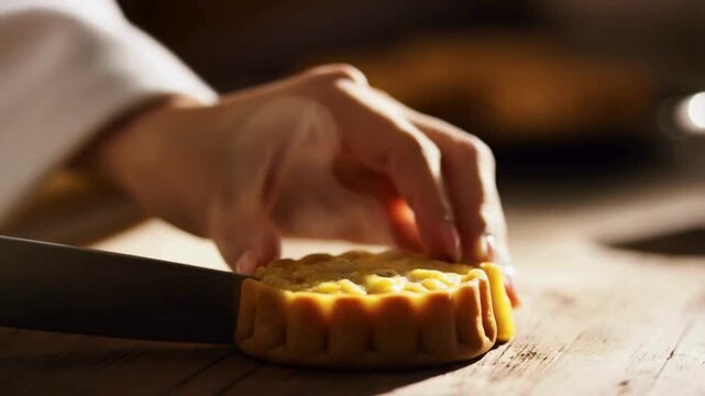 Close Up of Hands Slicing Traditional Mooncake