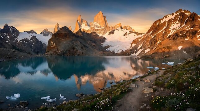Mountain peaks reflecting in calm lake at sunset