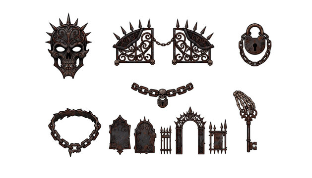 Dark fantasy dungeon costume accessories featuring skull mask, iron gates, chains and skeleton key vector design