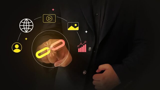 Businessman pointing at connect representing global connectivity, multimedia, and analytics in modern technology concept, 4k animation.