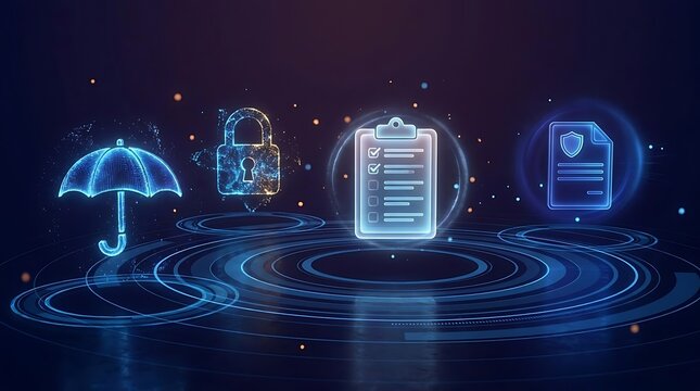 Blue digital security and compliance icons on technological background