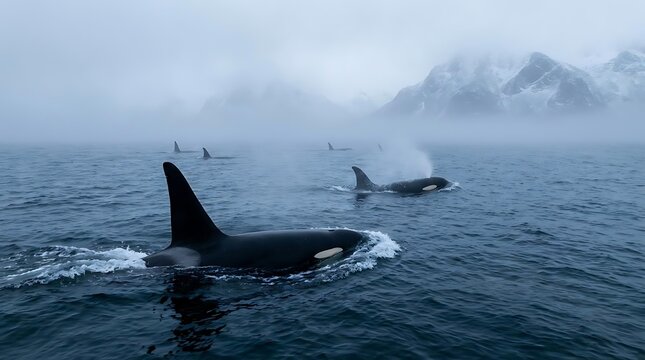 Orcas swimming in misty ocean near snowy mountains