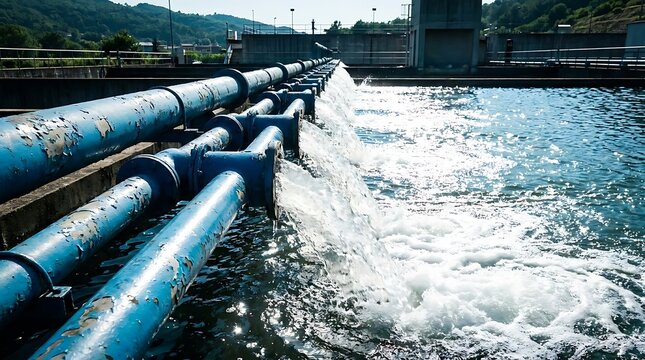 Blue industrial pipes discharging water into a large tank