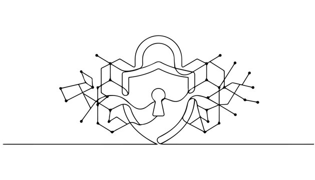 Continuous line art shield padlock vector illustration minimalist cyber security network icon