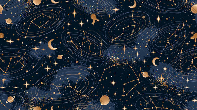 Golden celestial constellations and stars seamless pattern on dark background
