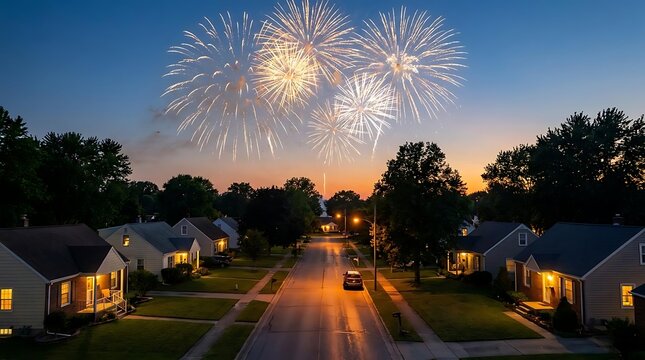 Fireworks over suburban residential street at dusk