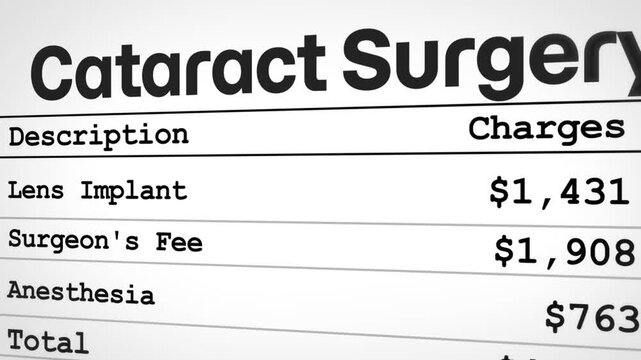 Cataract surgery billing and cost breakdown table close up, 4k animation, health, medical, eyes