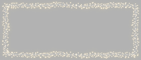 Naklejka premium Garlands Frame on transparent PNG, realistic luminous bulbs, warm Gold string lights. Bright string lights overlay. Ideal for Christmas cards 