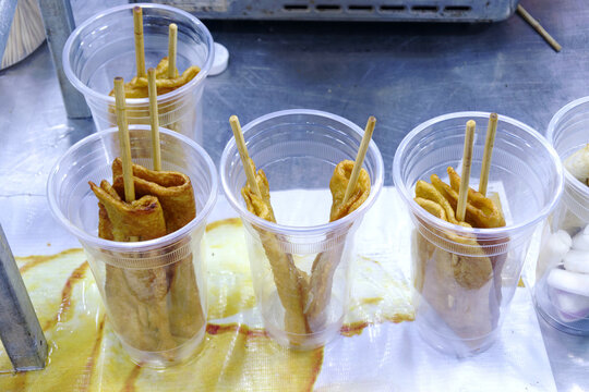 Appetizing Korean street food xien cha ca fish cake eomuk odeng ready to eat in cups