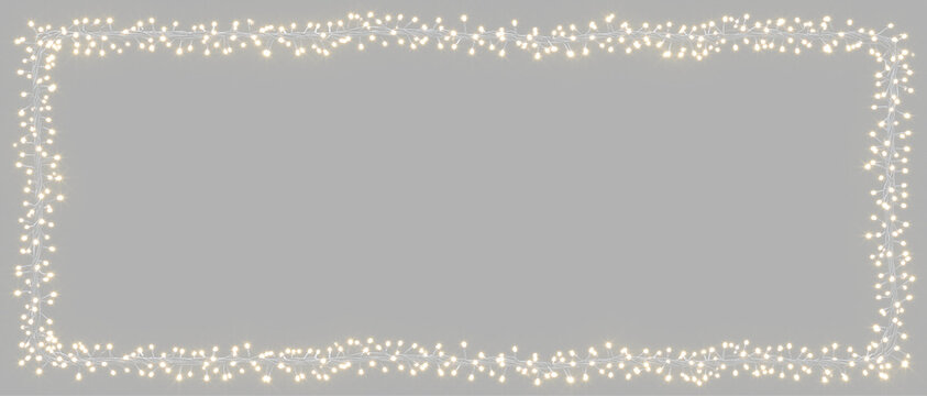 Garlands Frame on transparent PNG, realistic luminous bulbs, warm Gold string lights. Bright string lights overlay. Ideal for Christmas cards 