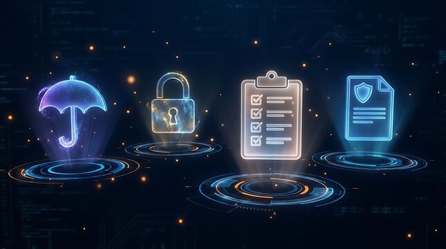 Futuristic blue security icons with digital elements