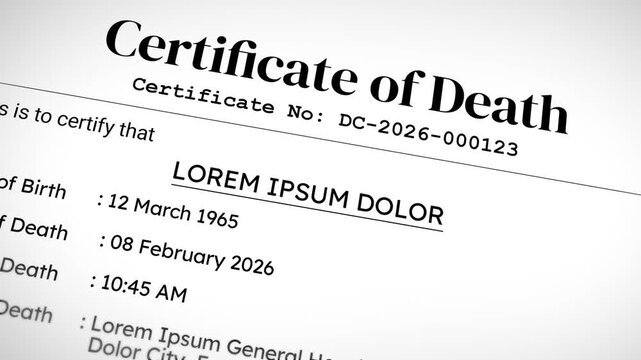 Certificate of death template with placeholder text, sample documentation concept in 4k animation.