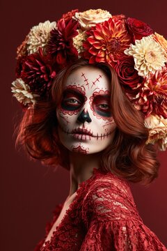 Dia de los Muertos Portrait with Floral Headdress and Skull Makeup