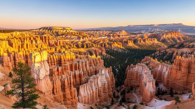 Sunset glow on Bryce Canyon national park rock formations.