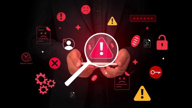 Cybersecurity threat concept with warning symbols, magnifying glass, and digital lock icons, highlighting data protection issues. 4k animation.