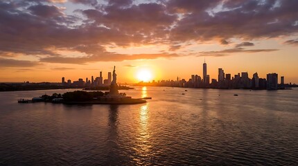 Naklejka premium Statue and city skyline at sunset