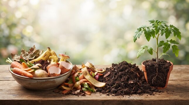 Composting Process with Organic Kitchen Food Waste Rich Soil and Growing Plant Seedling in Garden