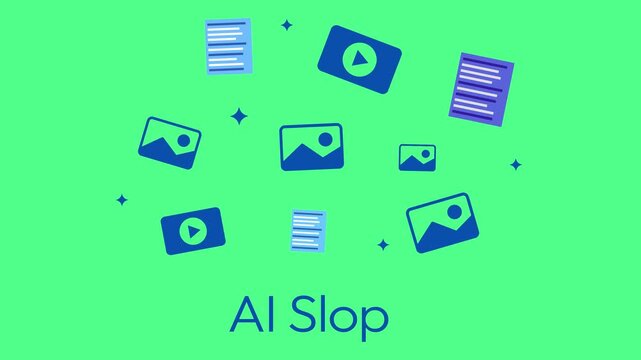 Dynamic video and photo content concepts floating on green background with text ai slop in 4k animation.