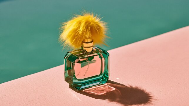 Green perfume bottle with yellow fur cap