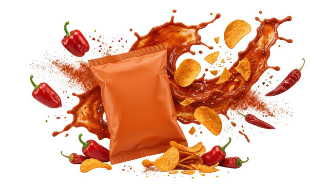 Blank orange snack bag with spicy chili sauce splash and potato chips isolated on transparent background
