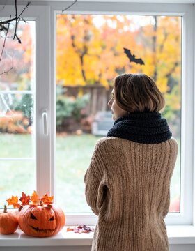 Woman Wearing a Chunky Knit Scarf and Sweater Gazes Out a Frosted Window at Autumn Foliage and Halloween Decorations
