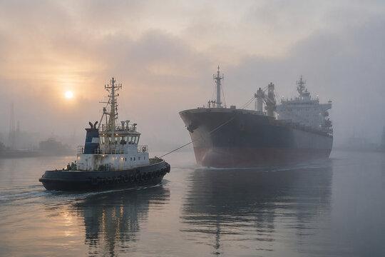 Tugboat towing a cargo ship through a calm, foggy harbor at dawn.