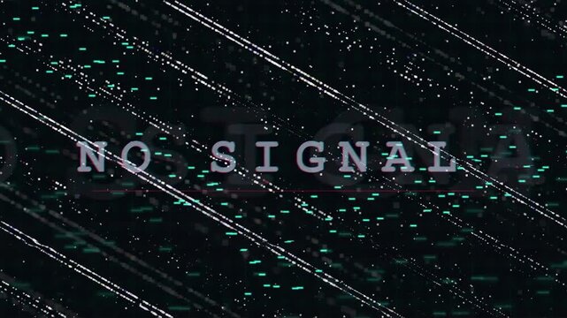 Abstract Digital Glitch Background with No Signal Text and Cyan Waveform Oscillations on Black