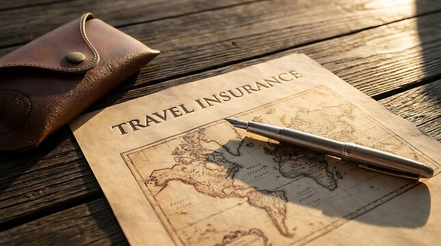 Travel insurance document with pen and pouch on wood