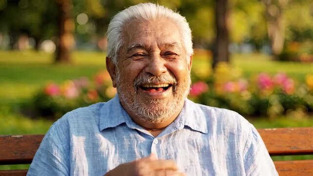 Close-up portrait of a happy elderly man laughing outdoors. Senior male with white hair sitting on a park bench smiling and expressing joy in nature