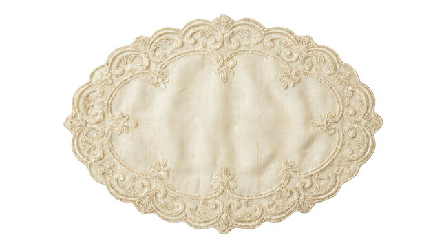 Elegant oval linen placemat with intricate embroidery isolated on transparent background