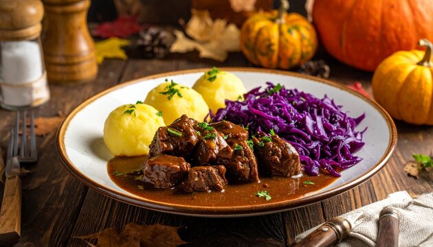 Rindergulasch mit Rotkohl und Kartoffelkl&ouml;&szlig;en