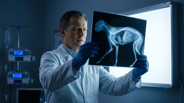 Veterinarian examining canine radiograph in clinic