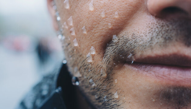 Close-Up of a Man's Face with Raindrops on Skin