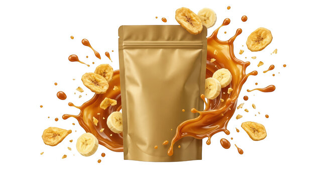 Gold pouch with banana chips and caramel splash isolated on transparent background